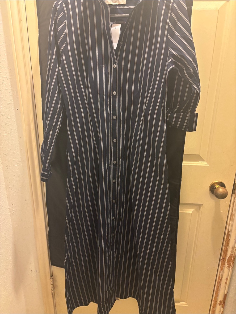 LOFT Navy and White Striped Long Sleeve Shirt Dress